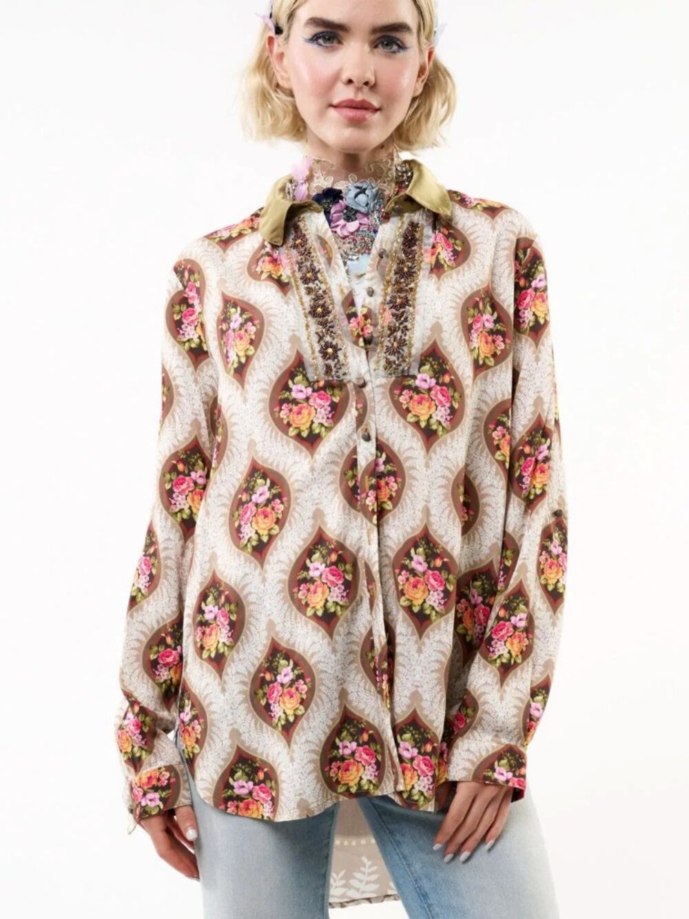 Aratta Serenity Button Down Floral Geometric Beaded Shirt